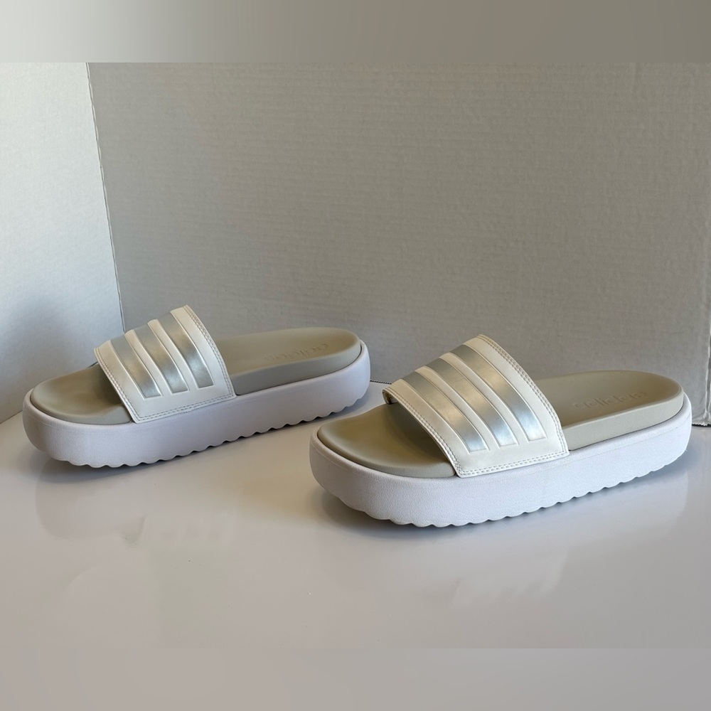 Adidas Adilette Platform Sandal IE9703 Women's 9 White/Metallic Comfort Slides - Picture 14 of 15